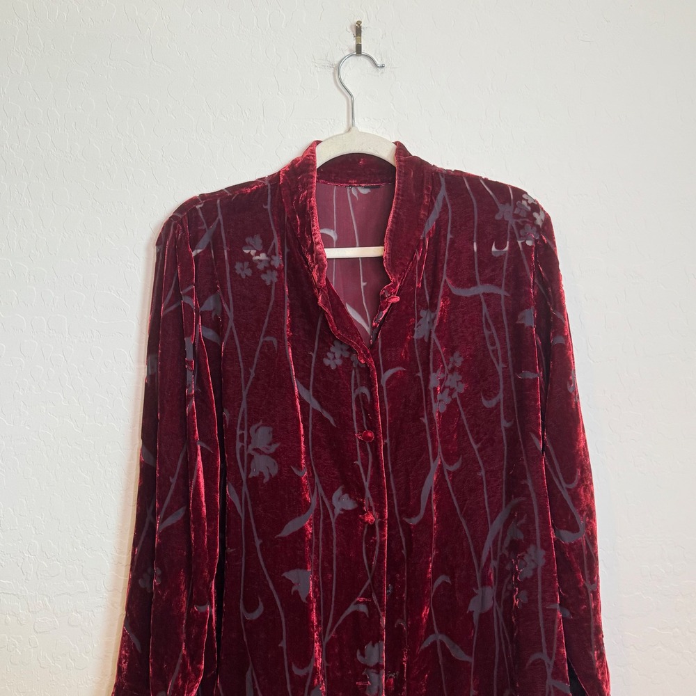 Unbranded Womens Velvet Burnout Jacket L Burgundy Red Good Floral Devore Goth - Picture 2 of 10